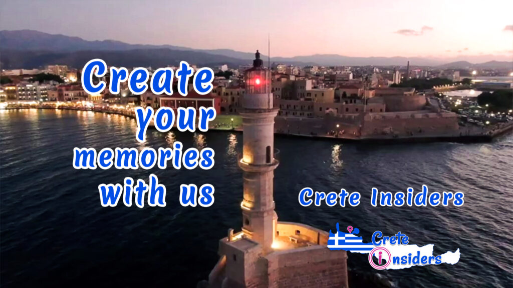 drone shot of the lighthouse of chania with the slogan of crete insiders "create your memories with us"