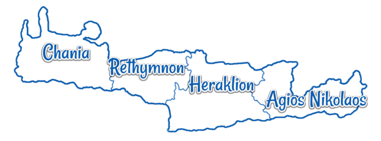 A map of Crete island showing all of its prefectures, i.e. Chania, Rethymnon, Heraklion and Agios Nikolaos.